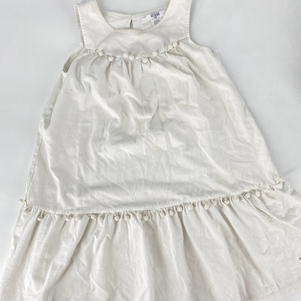 Pre own Guess Kids White Sleeveless Dress Size 6X 100% Cotton  Pom Pom Details